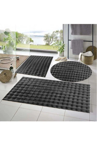 Balat Halı 3'lü Kaymaz Taban Bubble Peluş Banyo Paspası Koyu Gri 50x50(YUVARLAK)-50x50 Ve 50x70-Çok Renkli - RASCHEL CARPET