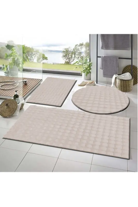 Balat Rug 3-Piece Non-Slip Base Bubble Plush Bath Mat 50x50(ROUND)-50x50 And 50x70-Brown - 1