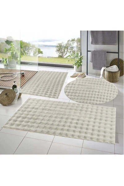 Balat Rug 3-Piece Non-Slip Bubble Plush Bath Mat Set Cream 50x50(ROUND)-50x60 & 50x90 - RASCHEL CARPET
