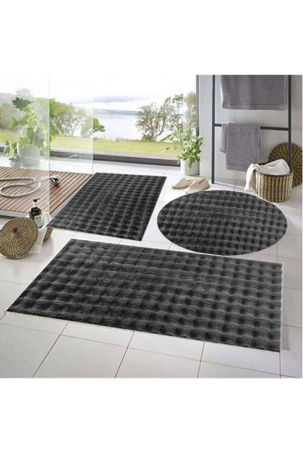 Balat Rug 3-Piece Non-Slip Bubble Plush Bath Mat Set Dark Gray 50x50(ROUND)-50x60 & 50x90 - 1