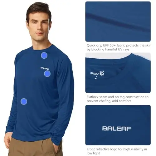 baleaf Mens UPF 50+ Sun Protection Shirts Long Sleeve Rash Guard, Quick Dry 4-Way Stretch for Fishing Swimming Surfing - 3