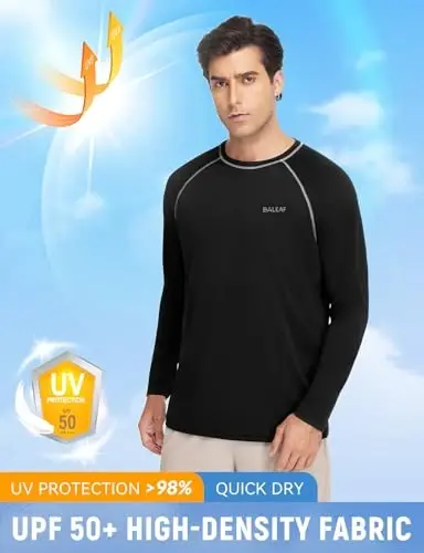 baleaf Mens UPF 50+ Quyoshdan himoya qiluvchi uzun yengli futbolka, baliq ovlash, suzish va serfing uchun tez quriydigan, 4 tomonga cho'ziluvchan rashguard - 4
