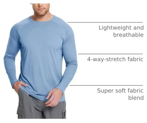 baleaf Mens UPF 50+ Quyoshdan himoyalovchi uzun yengli rash guard, baliq ovlash, suzish va serfing uchun tez quriydigan, 4 tomonga cho'ziladigan ko'ylak 