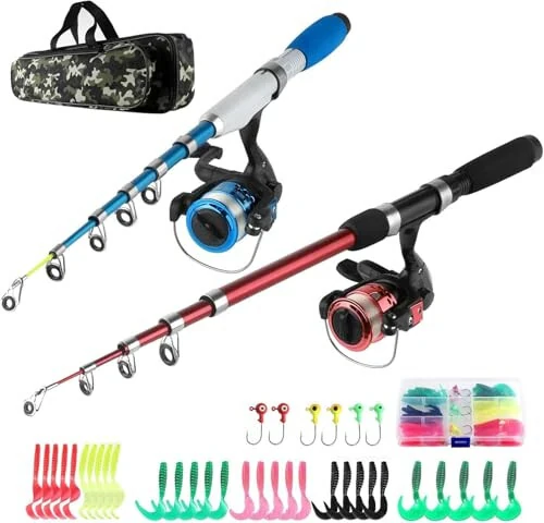 Fishing Rod Reel Combos Collapsible Fishing Rod Kit, 2PCS Telescopic Fishing Pole+2PCS Spinning Reels+Lures Hooks+Tackle Bag+Fishing Accessories Full Combo for Kids Youth - 1