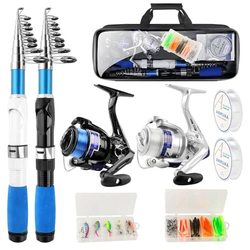 Collapsible Fishing Rod Set, 2.1m/6.89ft w/ 2 Spinning Reels, 2 Sets Lures, 100m Line, Carrier Bag - Fresh & Saltwater - Hikary
