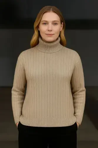 Balıkcı Yaka Bağazlı Triko Kazak Pamuklu Kalın Fitilli Dokuma - Bej - 3