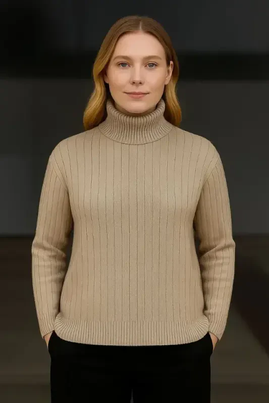 Balıkcı Yaka Bağazlı Triko Kazak Pamuklu Kalın Fitilli Dokuma - Bej - 3