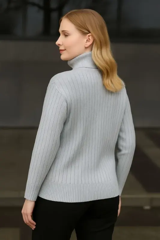 Balıkcı Yaka Bağazlı Triko Kazak Pamuklu Kalın Fitilli Dokuma - Gri - 2