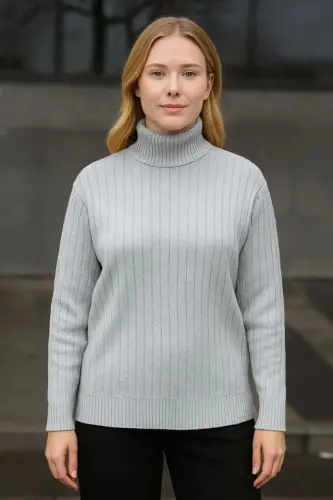 Balıkcı Yaka Bağazlı Triko Kazak Pamuklu Kalın Fitilli Dokuma - Gri - 3