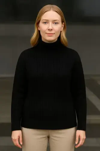 Balıkcı Yaka Bağazlı Triko Kazak Pamuklu Kalın Fitilli Dokuma - Siyah - 1