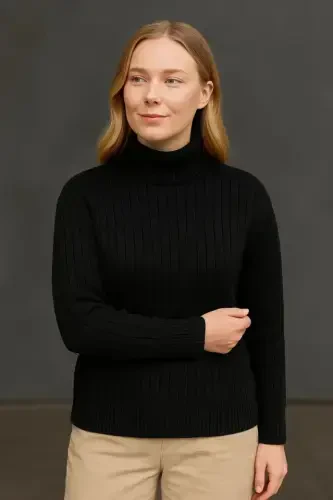 Balıkcı Yaka Bağazlı Triko Kazak Pamuklu Kalın Fitilli Dokuma - Siyah - 3