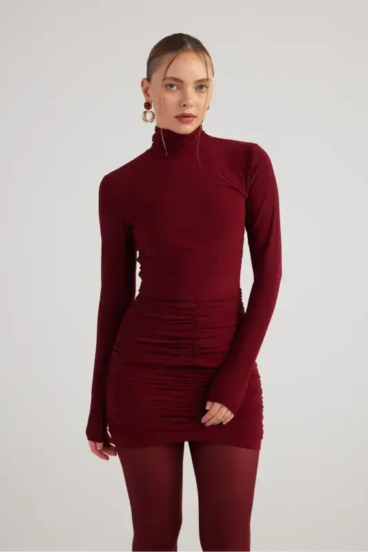 Balıkçı Yaka Büzgülü Mini Tami Elbise Bordo-Bordo - 2