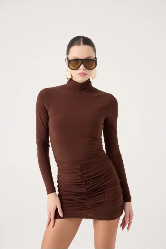 Balıkçı Yaka Büzgülü Mini Tami Elbise Kahve - Kahve - 8