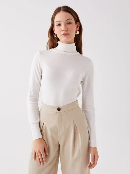 Balıkçı Yaka Düz Uzun Kollu Kadın Triko Kazak-Ekru - Modazone (1)