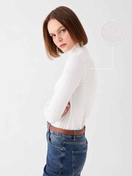 Balıkçı Yaka Düz Uzun Kollu Kadın Triko Kazak-Ekru - Modazone