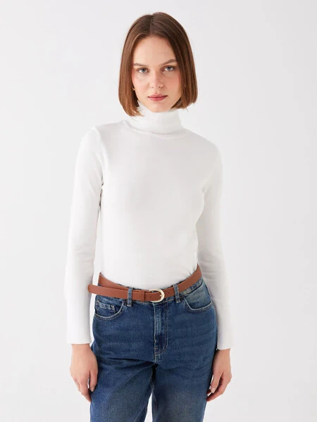 Balıkçı Yaka Düz Uzun Kollu Kadın Triko Kazak-Ekru - Modazone (1)