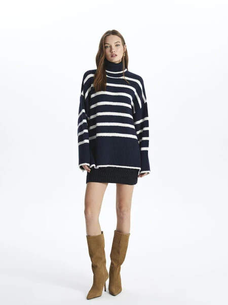 Balıkçı Yaka Yumuşak Dokulu Rahat Kalıp Çizgili Triko Kazak - Vanetta-Lacivert - Modazone (1)