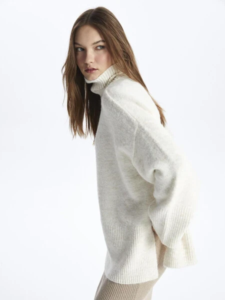 Balıkçı Yaka Yumuşak Dokulu Rahat Kalıp Triko Kazak - Vanetta-Ekru - Modazone