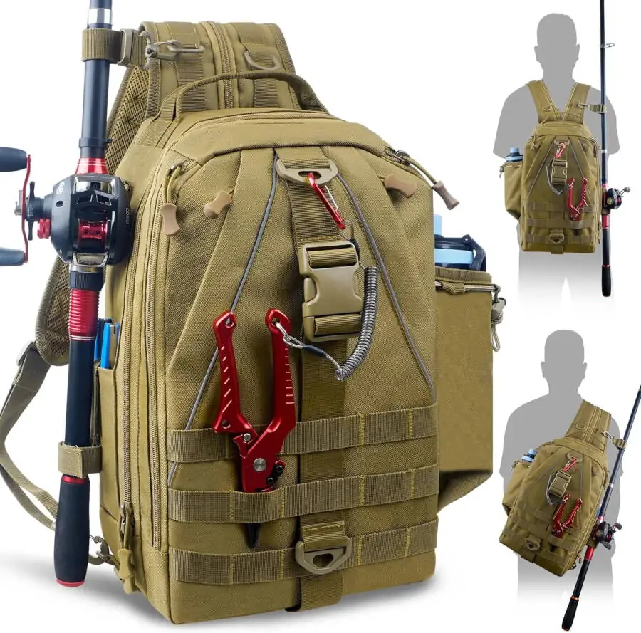 Fishing Tackle Backpack Storage Bag, Fishing Bag with Rod Holder Lightweight Waterproof Fishing Backpack Fishing Shoulder Gear Bag Fishing Gift for Men Women Hiking Hunting Fishing Large- - 7