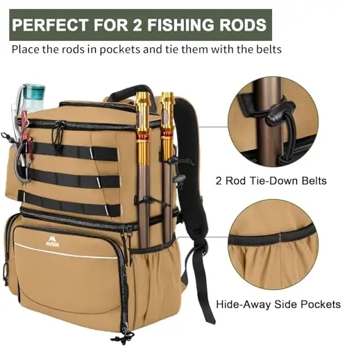 MATEIN Fishing Backpack, Water Resistant Fishing Tackle Box Bag with Rod Holders & Cooler, Gear Gifts for Men - 4