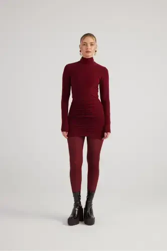 Balıqçı Yaka Büzgülü Mini Tami Ko'ylak Bordo-Bordo - 1