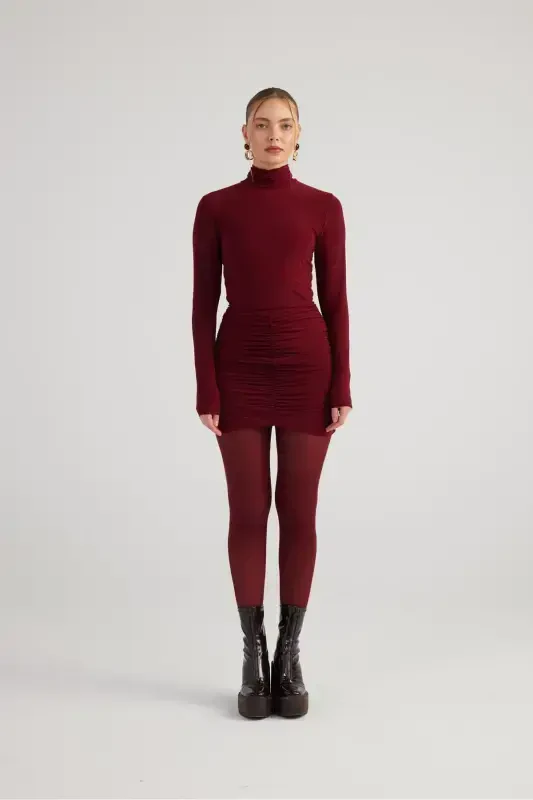 Balıqçı Yaka Büzgülü Mini Tami Ko'ylak Bordo-Bordo - 3