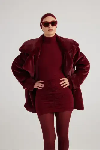 Balıqçı Yaka Büzgülü Mini Tami Ko'ylak Bordo-Bordo - 4