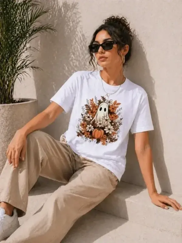 Balkabağı Hayalet Baskılı Tişört Kısa Kol Yazlık T-Shirt - Beyaz - BÜYÜKBEDENIZ