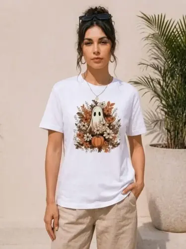 Balkabağı Hayalet Baskılı Tişört Kısa Kol Yazlık T-Shirt - Beyaz - BÜYÜKBEDENIZ (1)