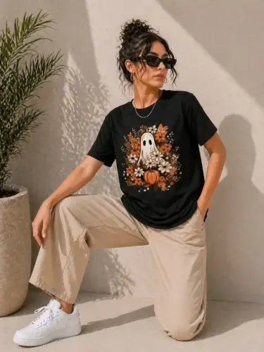 Balkabağı Hayalet Baskılı Tişört Kısa Kol Yazlık T-Shirt - Siyah - BÜYÜKBEDENIZ (1)