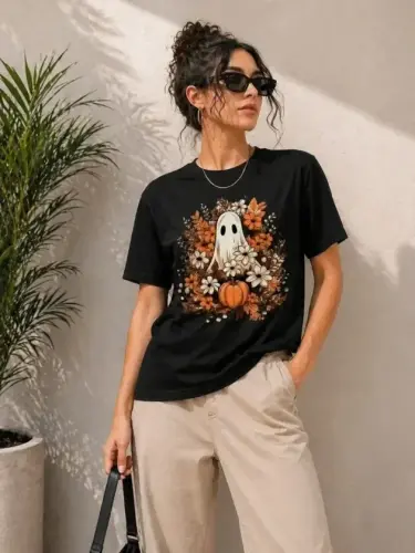 Balkabağı Hayalet Baskılı Tişört Kısa Kol Yazlık T-Shirt - Siyah - 1