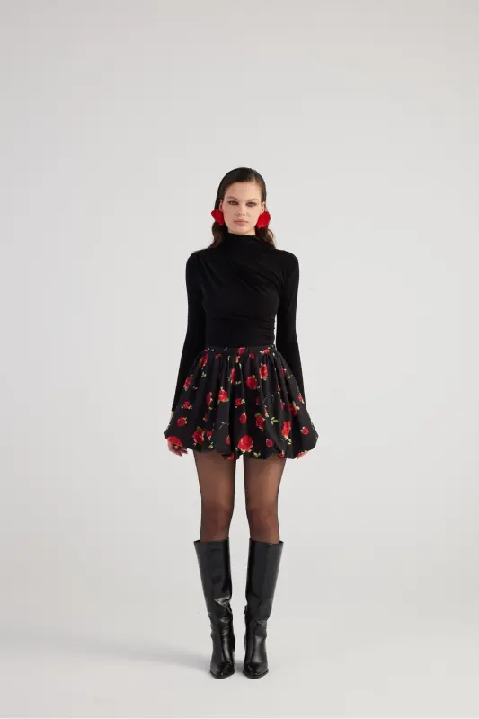 Balloon Model Rose Patterned Mini Donna Skirt Black - 2