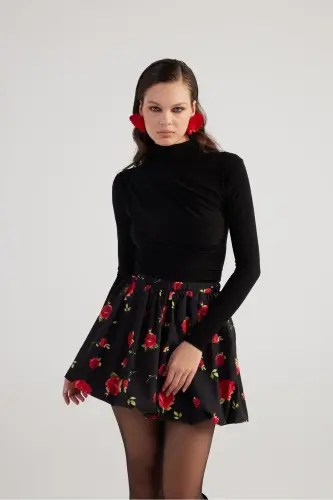 Balloon Model Rose Patterned Mini Donna Skirt Black - 3