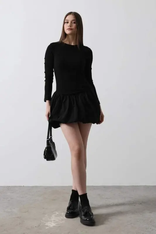 Balloon Skirt Dress - Black - BÜYÜKBEDENIZ