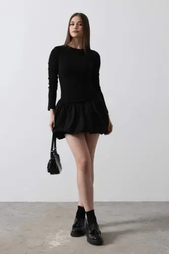 Balloon Skirt Dress - Black - BÜYÜKBEDENIZ (1)