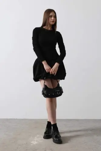 Balloon Skirt Dress - Black - 3
