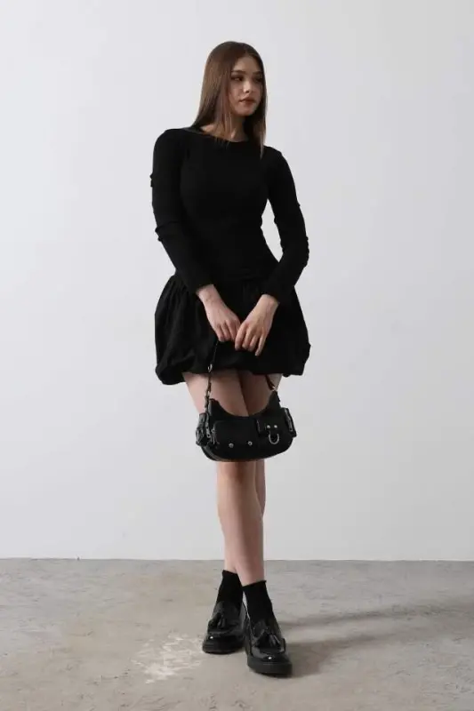 Balloon Skirt Dress - Black - 3
