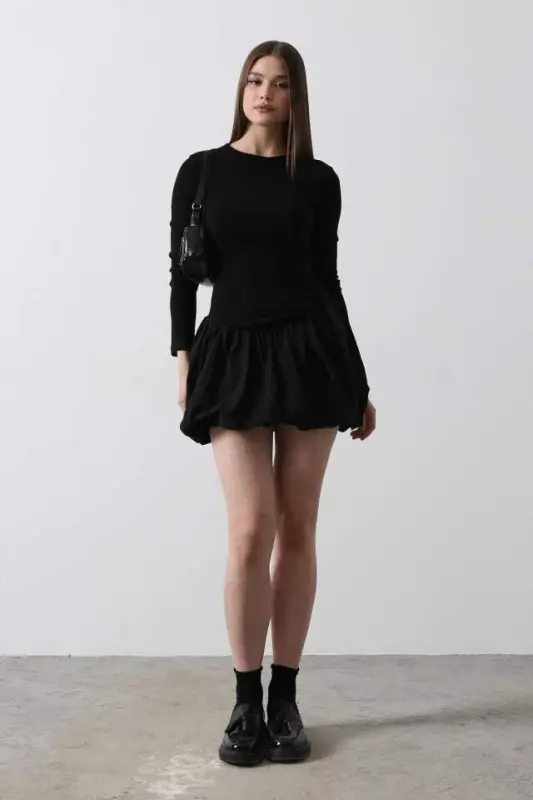 Balloon Skirt Dress - Black - 4