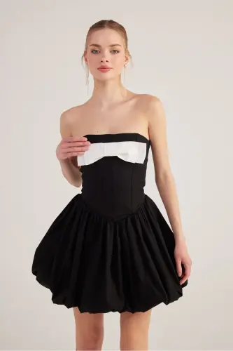 Balloon Skirt Ribboned Mini Martha Dress Black - 4
