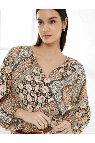 Balloon Sleeve Blouse Ethnic Patterned Window Detailed Vis - 1