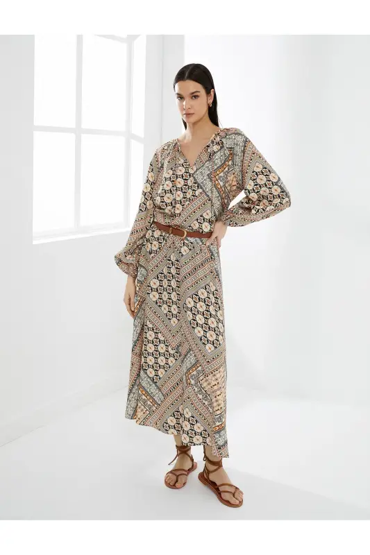 Balloon Sleeve Blouse Ethnic Patterned Window Detailed Vis - 2