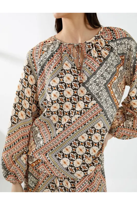 Balloon Sleeve Blouse Ethnic Patterned Window Detailed Vis - 5