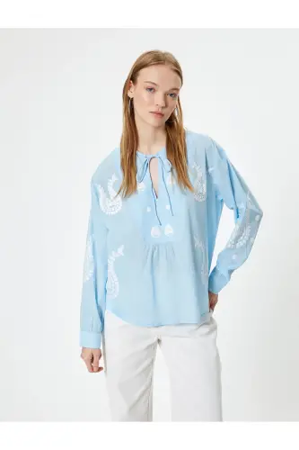 Balloon Sleeve Blouse Long Sleeve Embroidered Tie Detail - 2