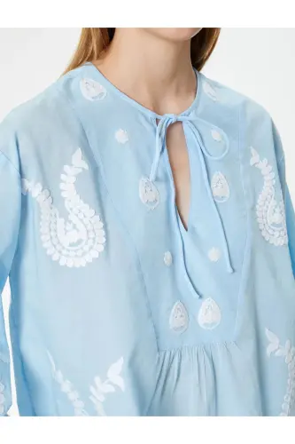 Balloon Sleeve Blouse Long Sleeve Embroidered Tie Detail - 5