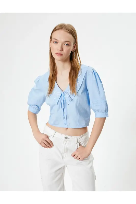 Balloon Sleeve Blouse Peter Pan Collar Buttoned Short Sleeve Embroidery - 2