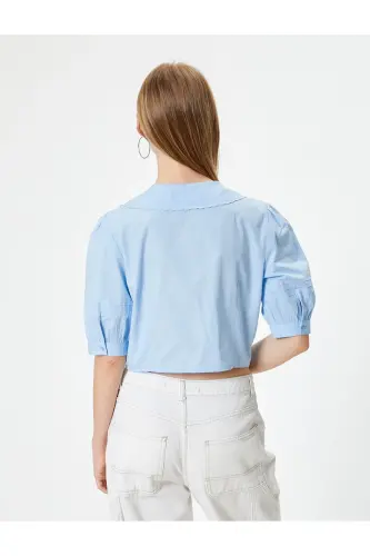 Balloon Sleeve Blouse Peter Pan Collar Buttoned Short Sleeve Embroidery - 4