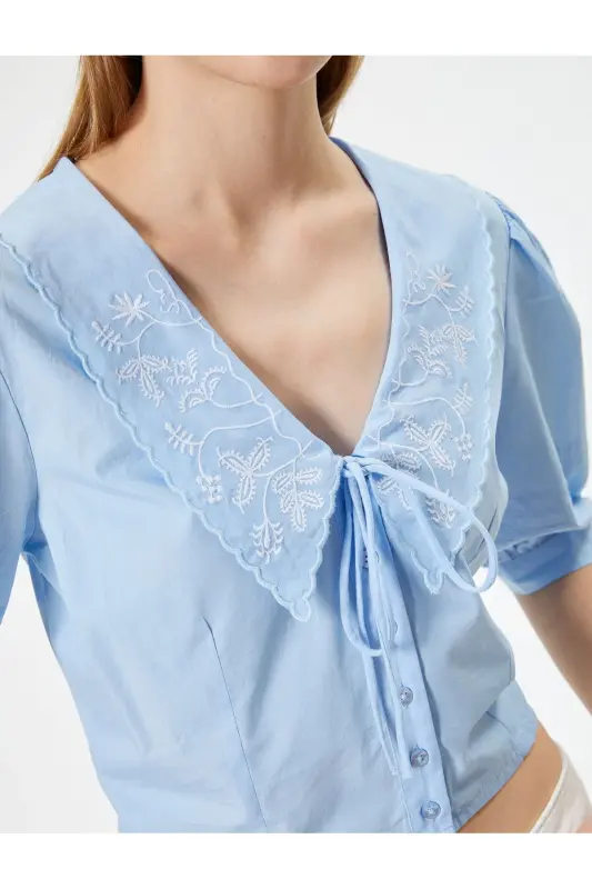 Balloon Sleeve Blouse Peter Pan Collar Buttoned Short Sleeve Embroidery - 5