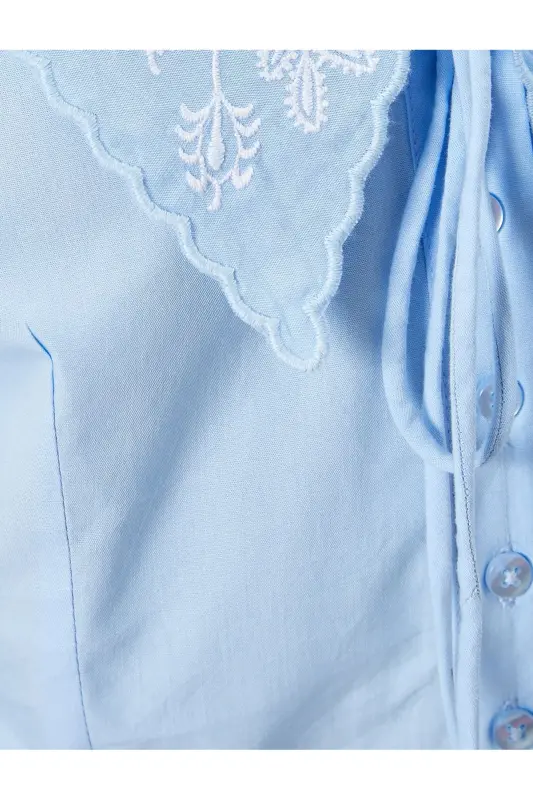 Balloon Sleeve Blouse Peter Pan Collar Buttoned Short Sleeve Embroidery - 6