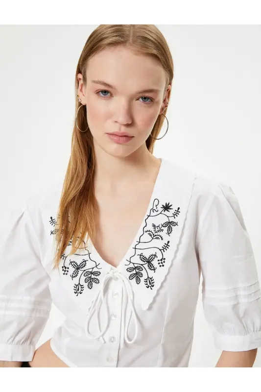 Balloon Sleeve Blouse Peter Pan Collar Buttoned Short Sleeve Embroidery - 1