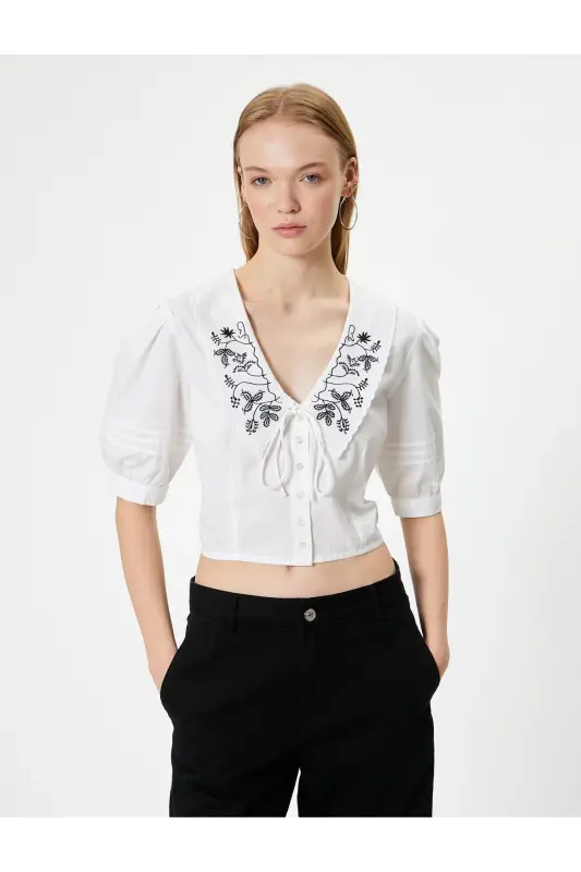 Balloon Sleeve Blouse Peter Pan Collar Buttoned Short Sleeve Embroidery - 3